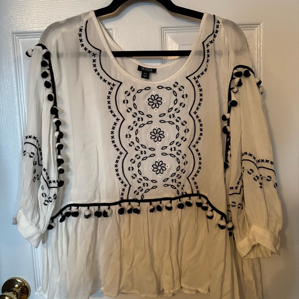 Black and white blouse with Pom Poms